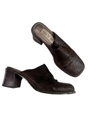 villager Liz Claiborne Vintage Dark Brown Textured Leather Block Heel Mules
